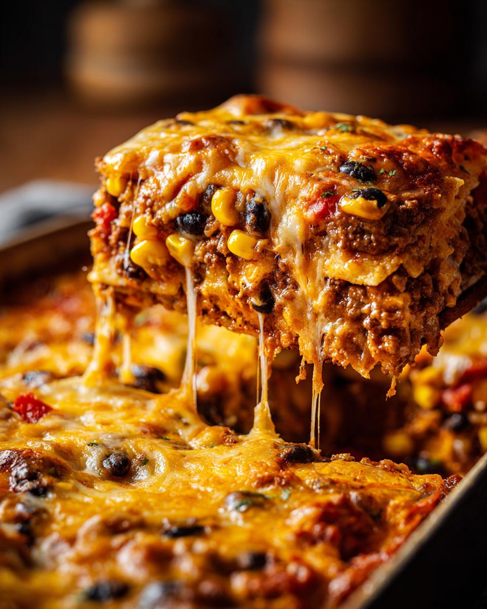 A slice of beef taco casserole being lifted, showing layers of beef, corn, beans, and melted cheese.