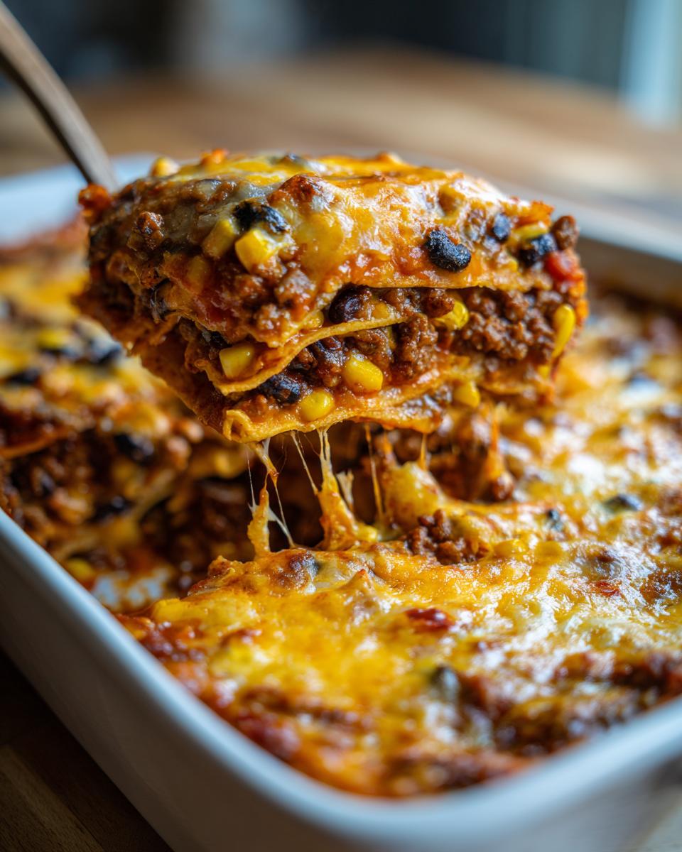 A slice of beef taco casserole is being lifted from a baking dish, showing layers of beef, cheese, corn, and black beans.