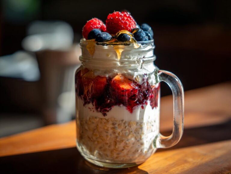 Close-up of overnight oats jars topped with berries and honey, layered in a glass jar.