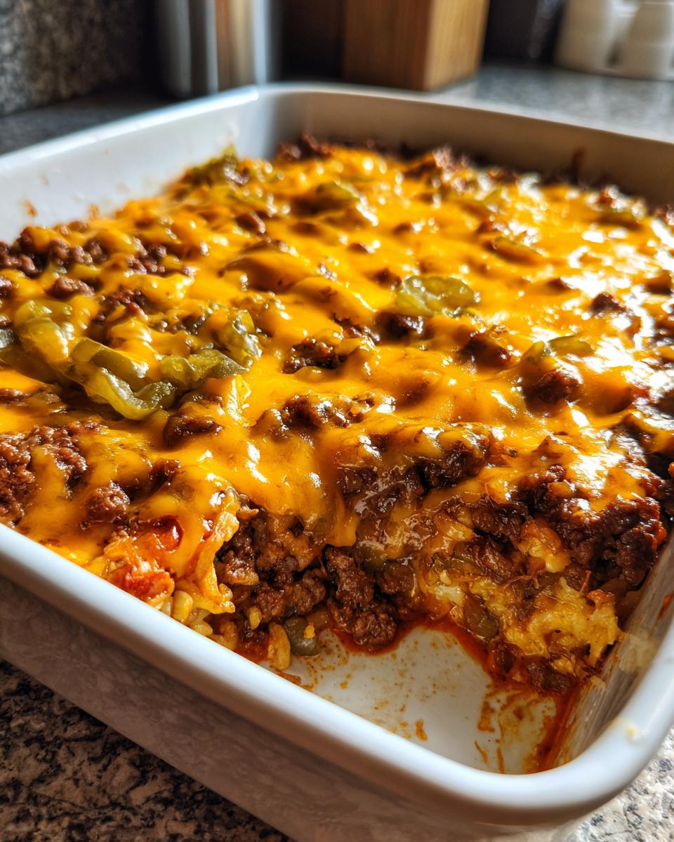 A freshly baked Big Mac casserole with melted cheese, ground beef, and pickles in a white baking dish.