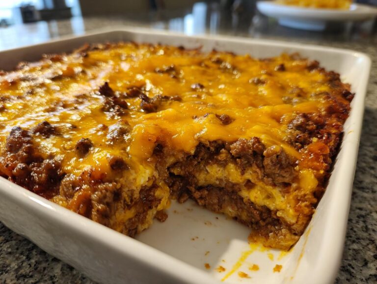 A freshly baked Big Mac casserole in a white dish, featuring layers of beef and cheese.