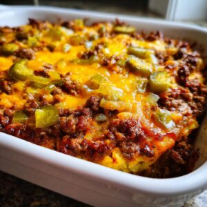 Close-up of a Big Mac casserole in a white baking dish, topped with melted cheese and sliced pickles.