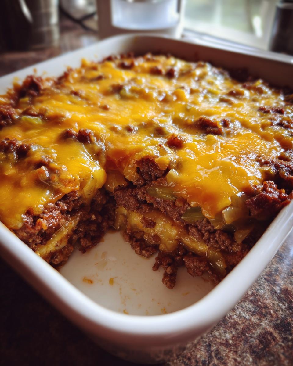 A freshly baked Big Mac casserole with melted cheese in a white baking dish, showing layers of ground beef and other ingredients.