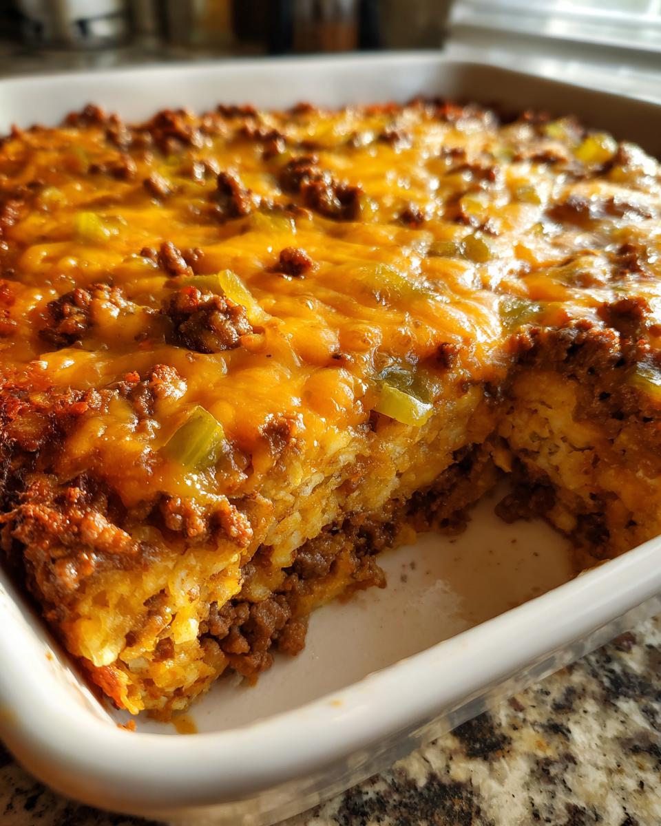 Close-up of a Big Mac casserole in a white baking dish, featuring layers of beef, cheese, and a creamy sauce.