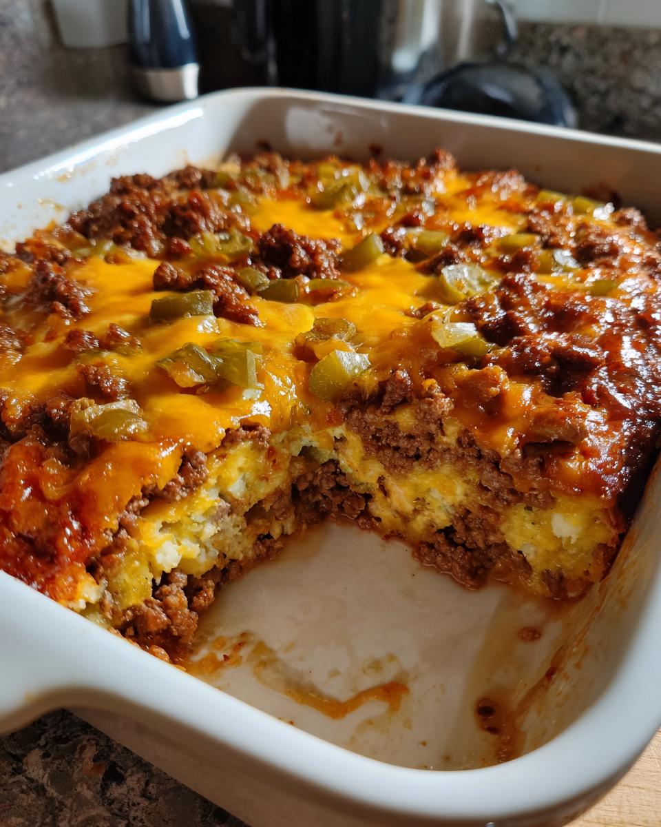 A partially eaten Big Mac casserole in a white baking dish, showing layers of beef, cheese, and toppings.