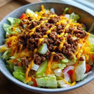 A tasty Big Mac salad in a bowl, featuring lettuce, ground beef, cheese, pickles, and special sauce.