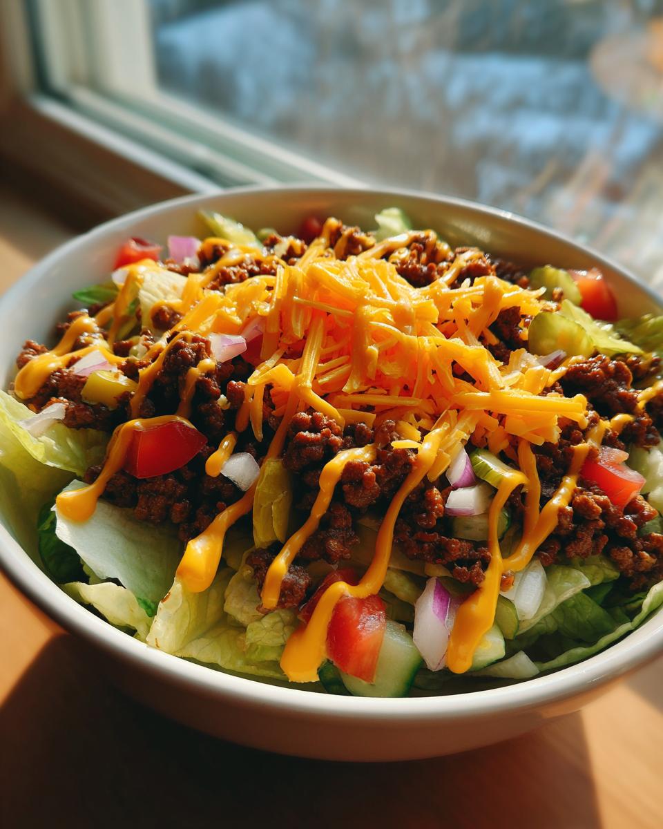 A vibrant Big Mac salad in a bowl, featuring lettuce, ground beef, cheese, tomatoes, onions, and special sauce.
