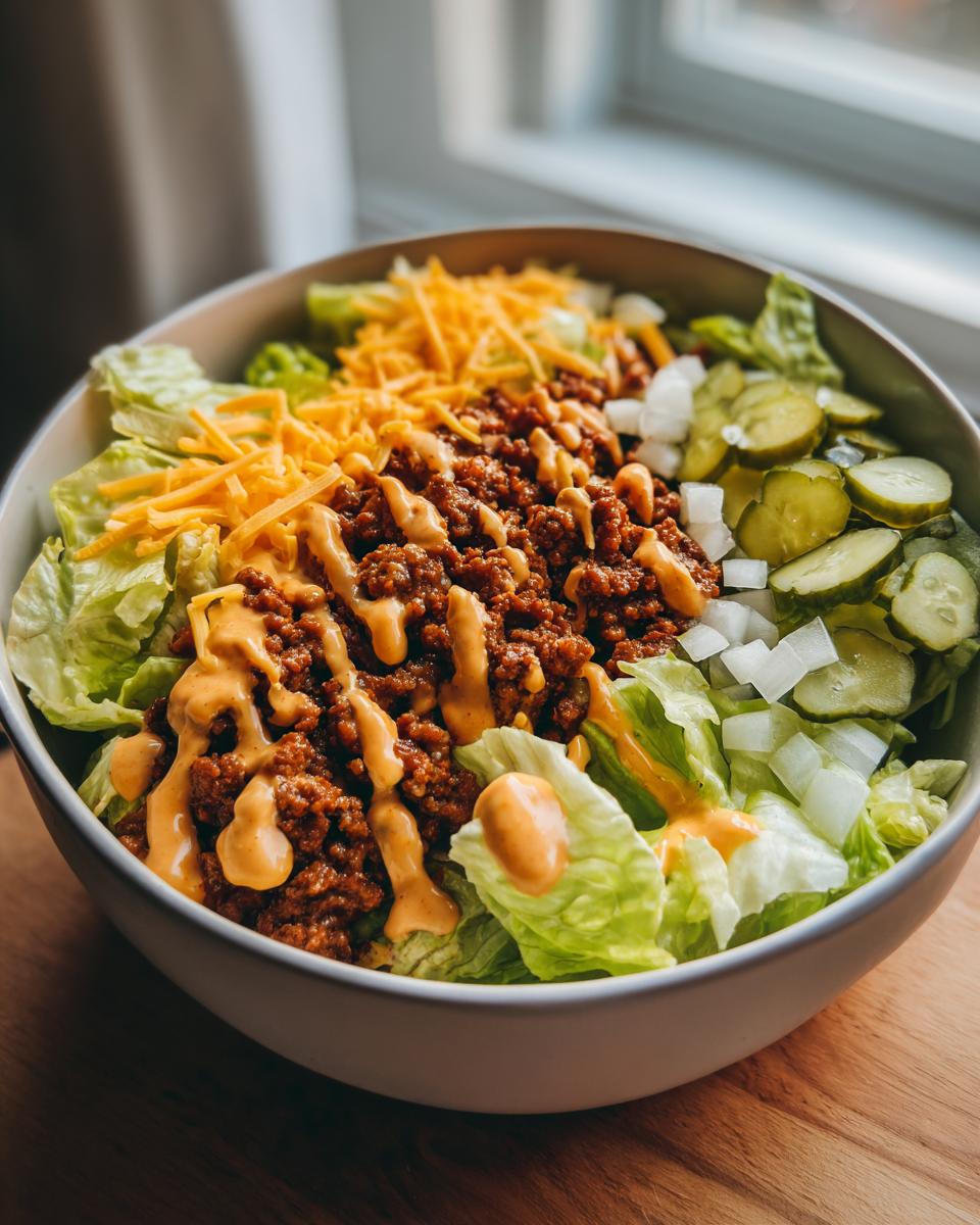 A vibrant Big Mac salad in a bowl with lettuce, ground beef, cheese, pickles, onions, and special sauce.