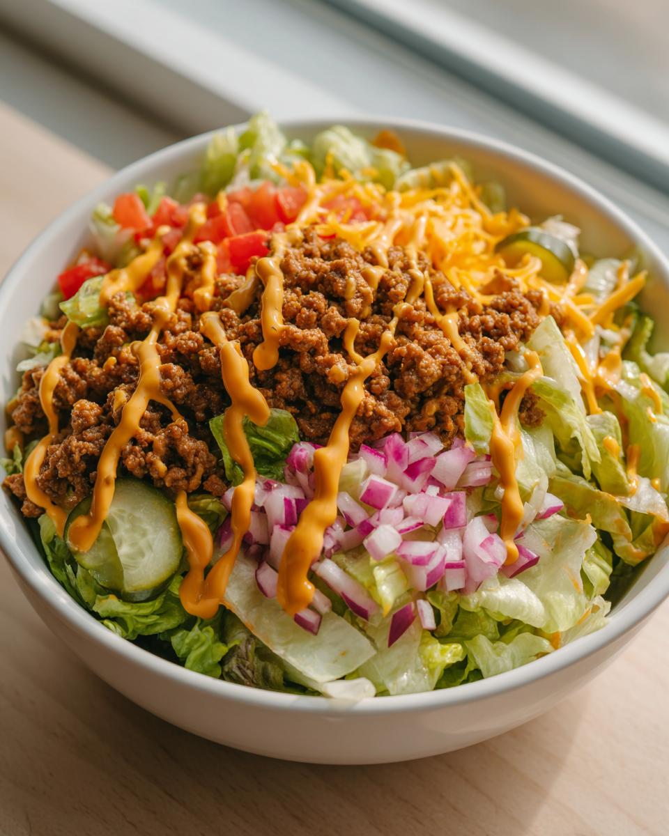 A colorful Big Mac salad in a white bowl, featuring lettuce, ground beef, tomatoes, onions, cheese, pickles, and special sauce.
