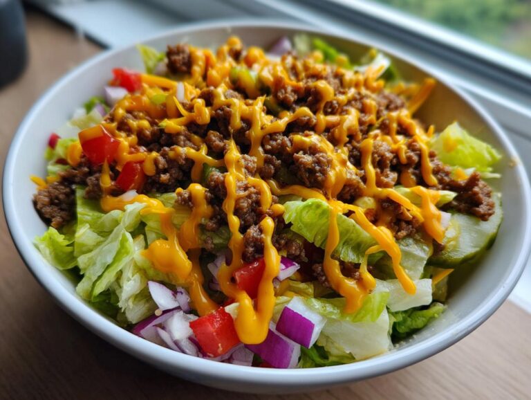 A tasty Big Mac salad in a white bowl, featuring lettuce, ground beef, cheese sauce, tomatoes, and red onions.
