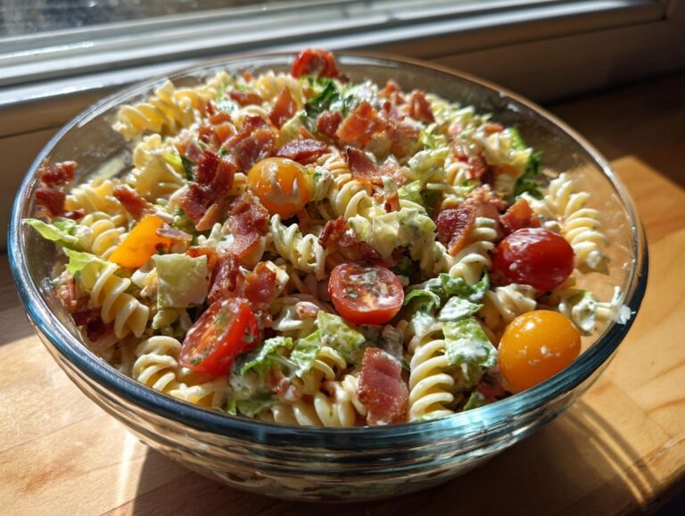 A vibrant BLT pasta salad featuring rotini pasta, bacon, lettuce, and tomatoes in a clear glass bowl.