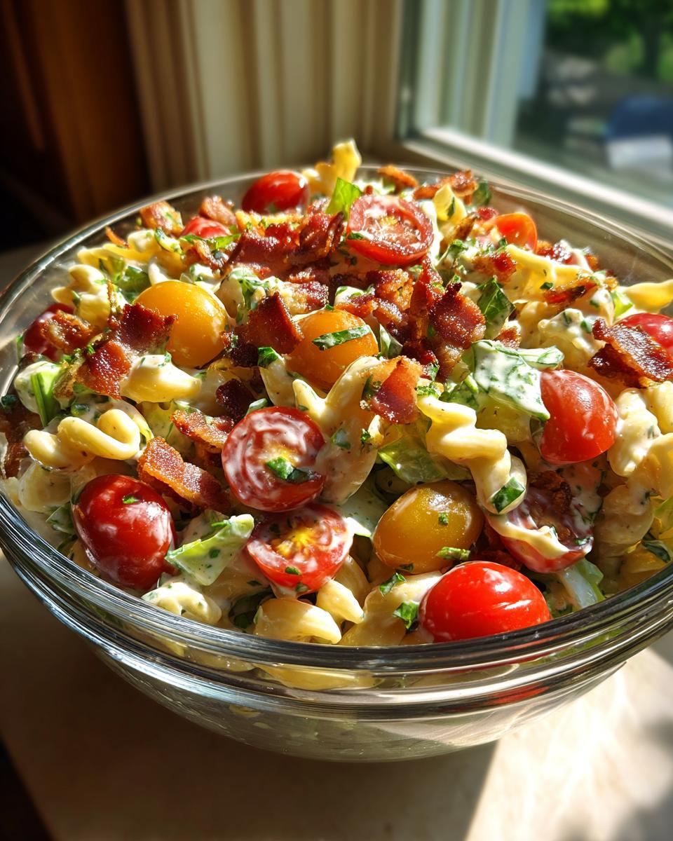 A vibrant BLT pasta salad in a clear bowl, featuring pasta, tomatoes, bacon, lettuce, and creamy dressing.
