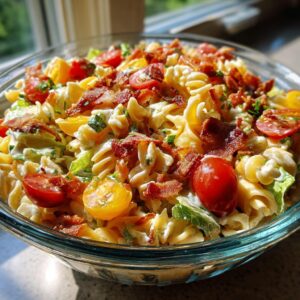 A vibrant BLT pasta salad featuring rotini pasta, tomatoes, lettuce, bacon, and creamy dressing in a glass bowl.