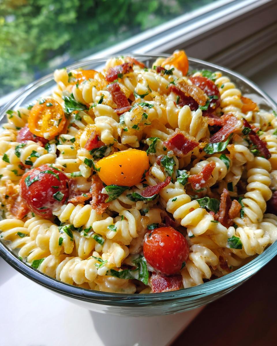 Close-up of a bowl of BLT pasta salad with rotini pasta, tomatoes, bacon, and herbs.