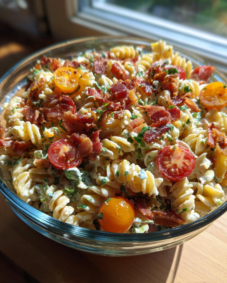 Close-up of BLT pasta salad in a glass bowl, featuring rotini pasta, bacon, tomatoes, and a creamy dressing.