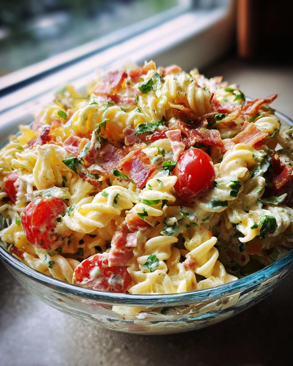 Close-up of a creamy BLT pasta salad in a clear glass bowl, featuring bacon, lettuce, and tomatoes.