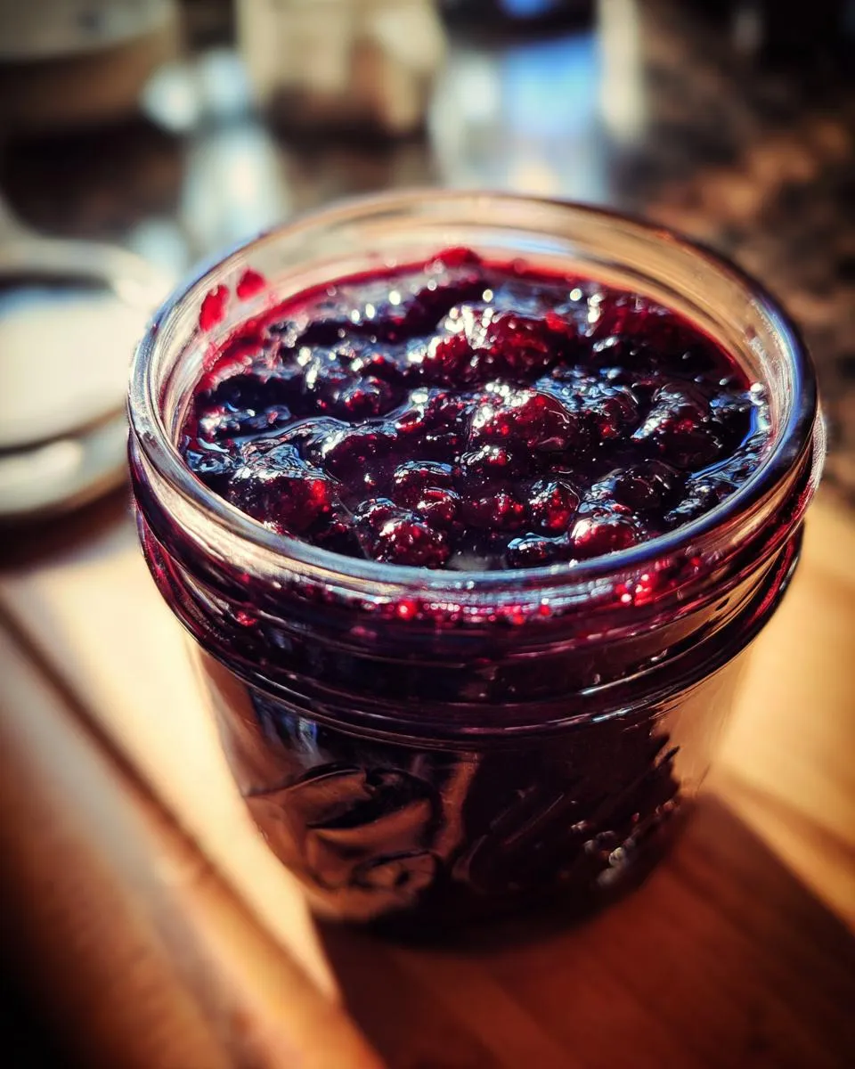 Close-up of a jar filled with homemade blueberry jam, showcasing its rich color and texture.