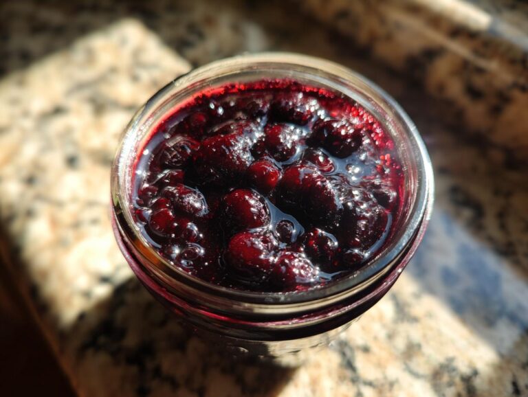 Overhead view of a jar filled with delicious homemade blueberry jam, showcasing its rich color and texture.