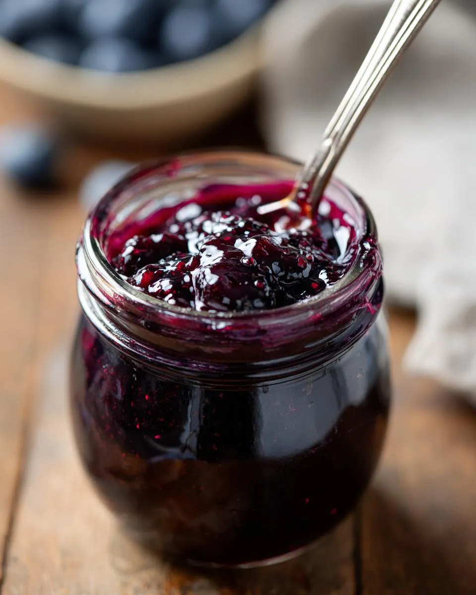 Close-up of a jar filled with homemade blueberry jam, featuring a spoon and fresh blueberries.
