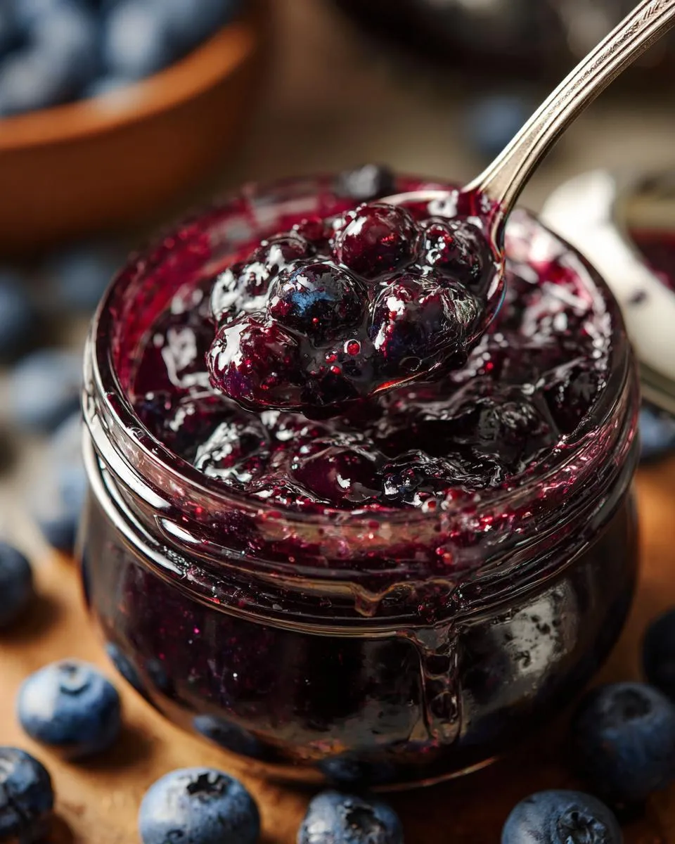 Close-up of a spoon lifting fresh blueberry jam from a glass jar, surrounded by blueberries.