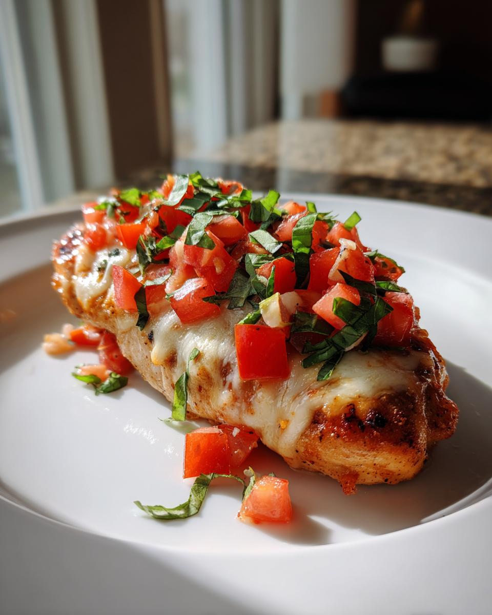 A single Bruschetta chicken breast topped with melted cheese, diced tomatoes, and basil on a white plate.
