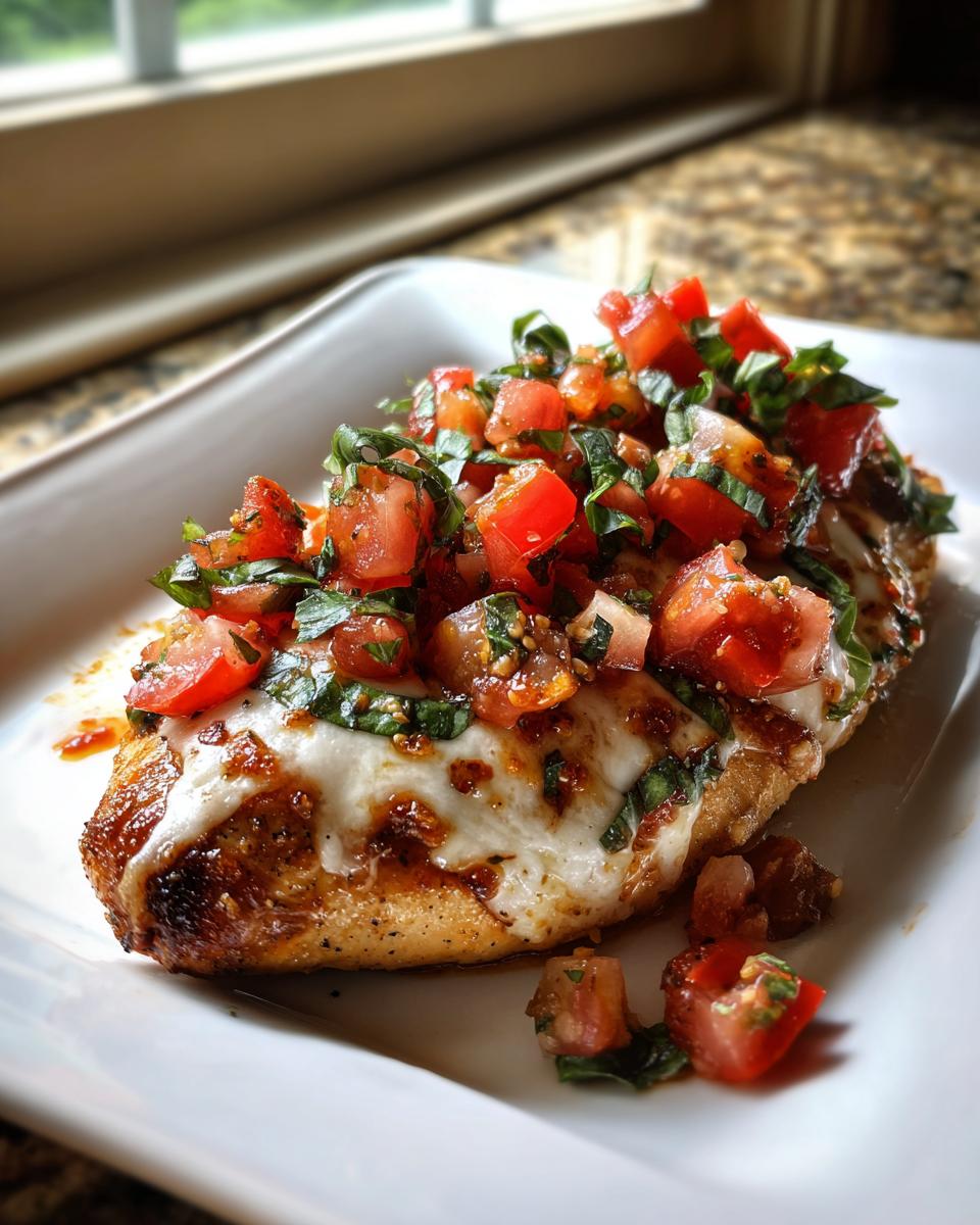 A single Bruschetta chicken breast topped with tomatoes and basil, served on a white plate.