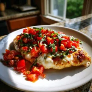 A plate of Bruschetta chicken topped with fresh tomatoes and basil, showcasing a juicy and flavorful meal.