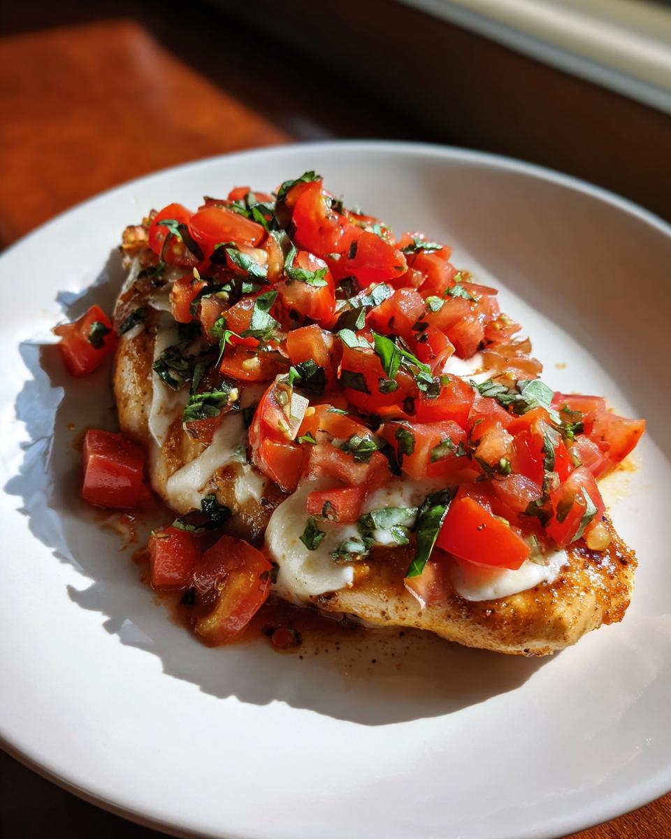 A serving of bruschetta chicken on a white plate, topped with tomatoes, basil, and melted mozzarella.