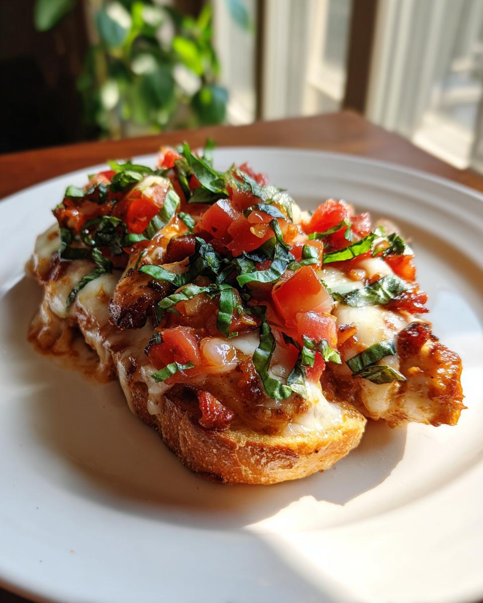 Close-up of Bruschetta chicken on a white plate, topped with tomatoes, basil, and melted cheese.