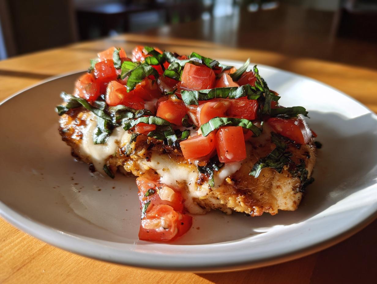 A single serving of Bruschetta chicken on a white plate, topped with fresh tomatoes and basil.