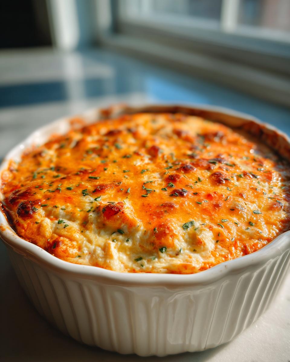 A close-up of baked Buffalo chicken dip in a white ceramic dish, topped with melted cheese and herbs.