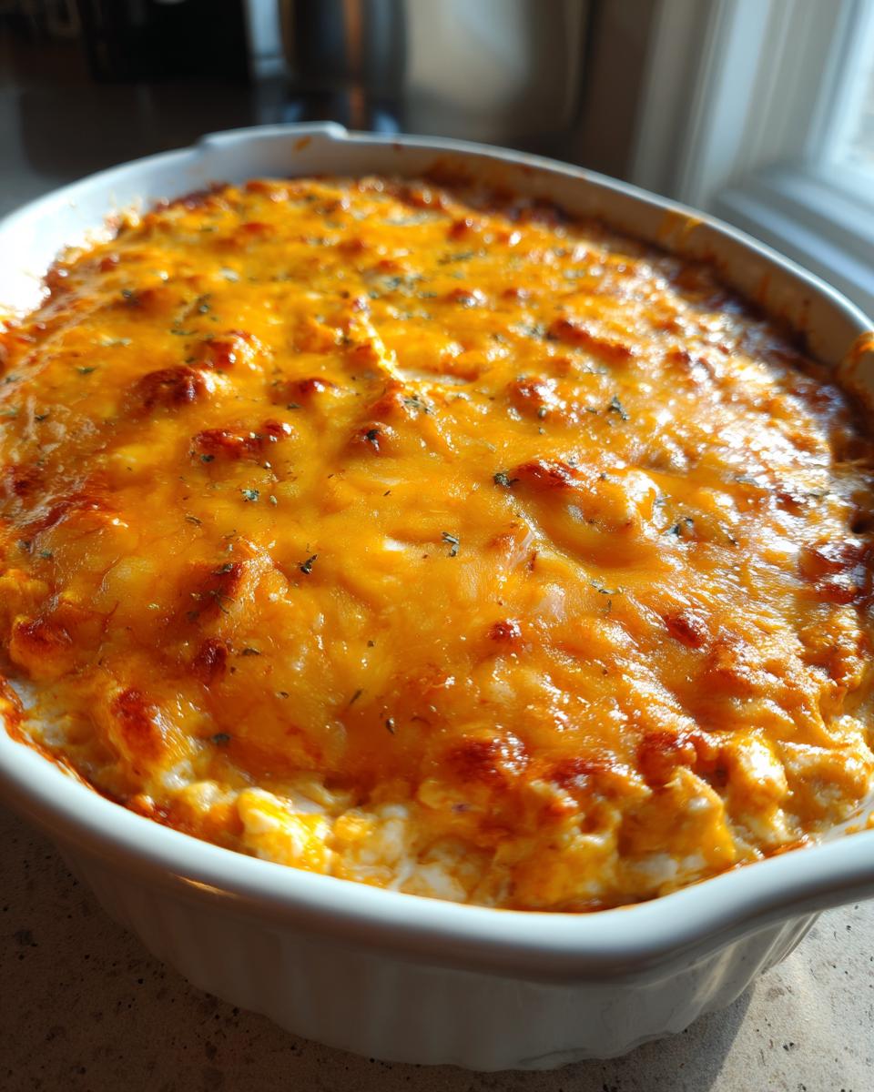 Overhead view of a creamy Buffalo chicken dip with melted cheddar cheese in a white baking dish.