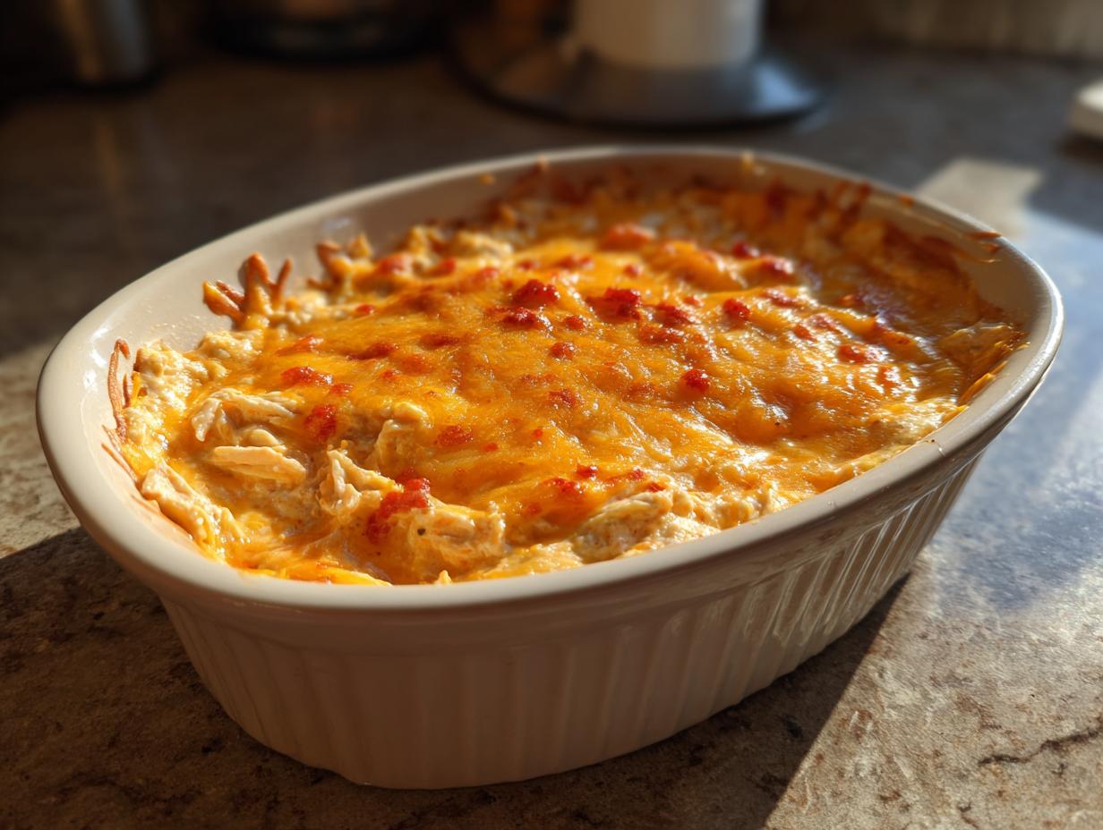 A creamy, cheesy Buffalo chicken dip in a white baking dish, ready to be served.