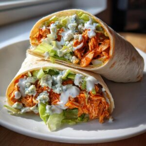 Two buffalo chicken wraps cut in half on a white plate, filled with lettuce, buffalo chicken, blue cheese and ranch dressing.