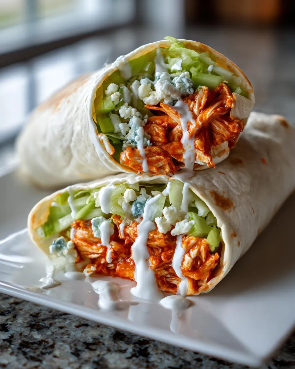 Two buffalo chicken wraps cut in half, filled with lettuce, celery, blue cheese, and drizzled with sauce.