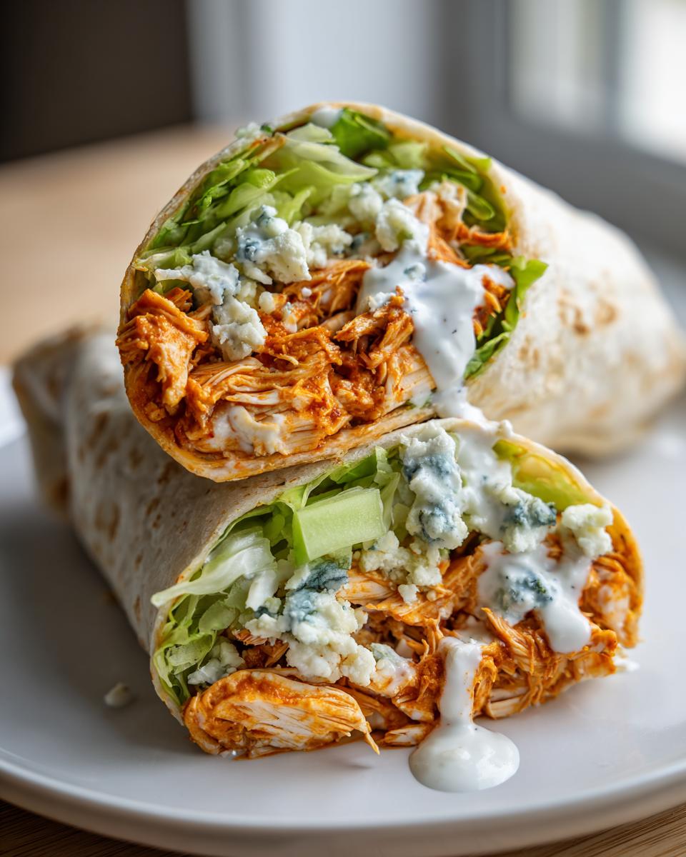 Two halves of a buffalo chicken wrap, showing chicken, lettuce, blue cheese, and ranch dressing. Delicious Buffalo chicken wraps.