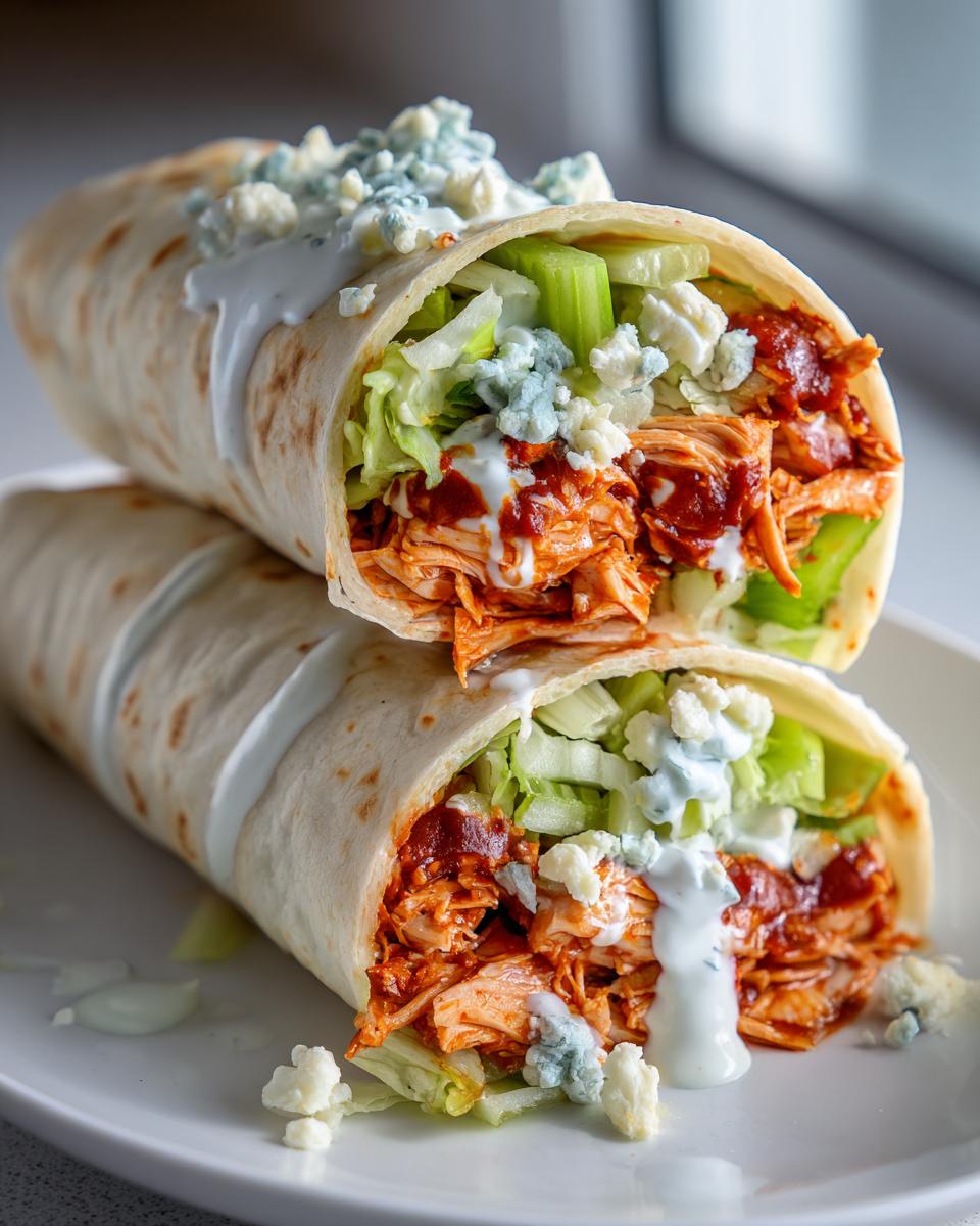 Two buffalo chicken wraps stacked on a plate, filled with chicken, lettuce, celery, blue cheese, and sauce.