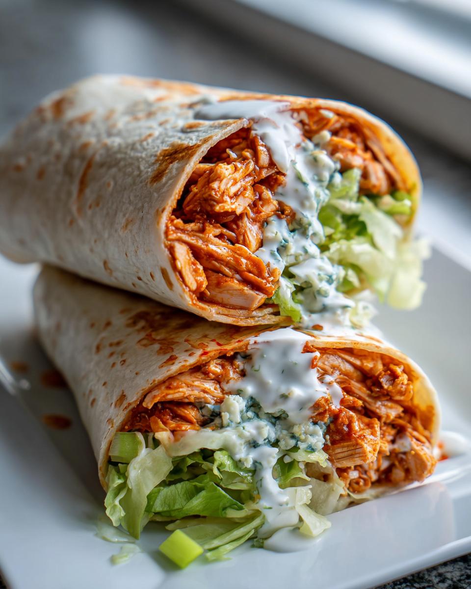 Two buffalo chicken wraps stacked, filled with lettuce, buffalo chicken, and ranch dressing.