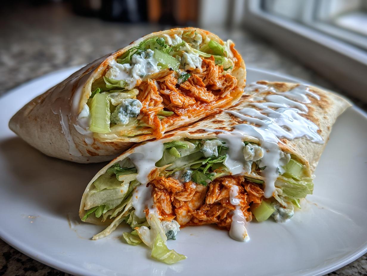 Two halves of a buffalo chicken wraps on a white plate, filled with lettuce, celery, blue cheese, and buffalo chicken.