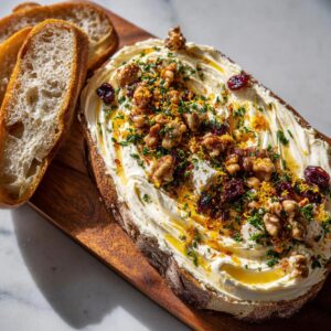 A butter board idea featuring creamy butter, walnuts, cranberries, and herbs, served with slices of crusty bread.