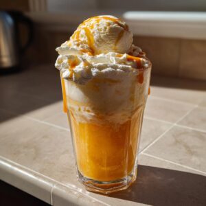 A frosty Butterbeer float in a glass, topped with whipped cream, ice cream, and caramel drizzle.