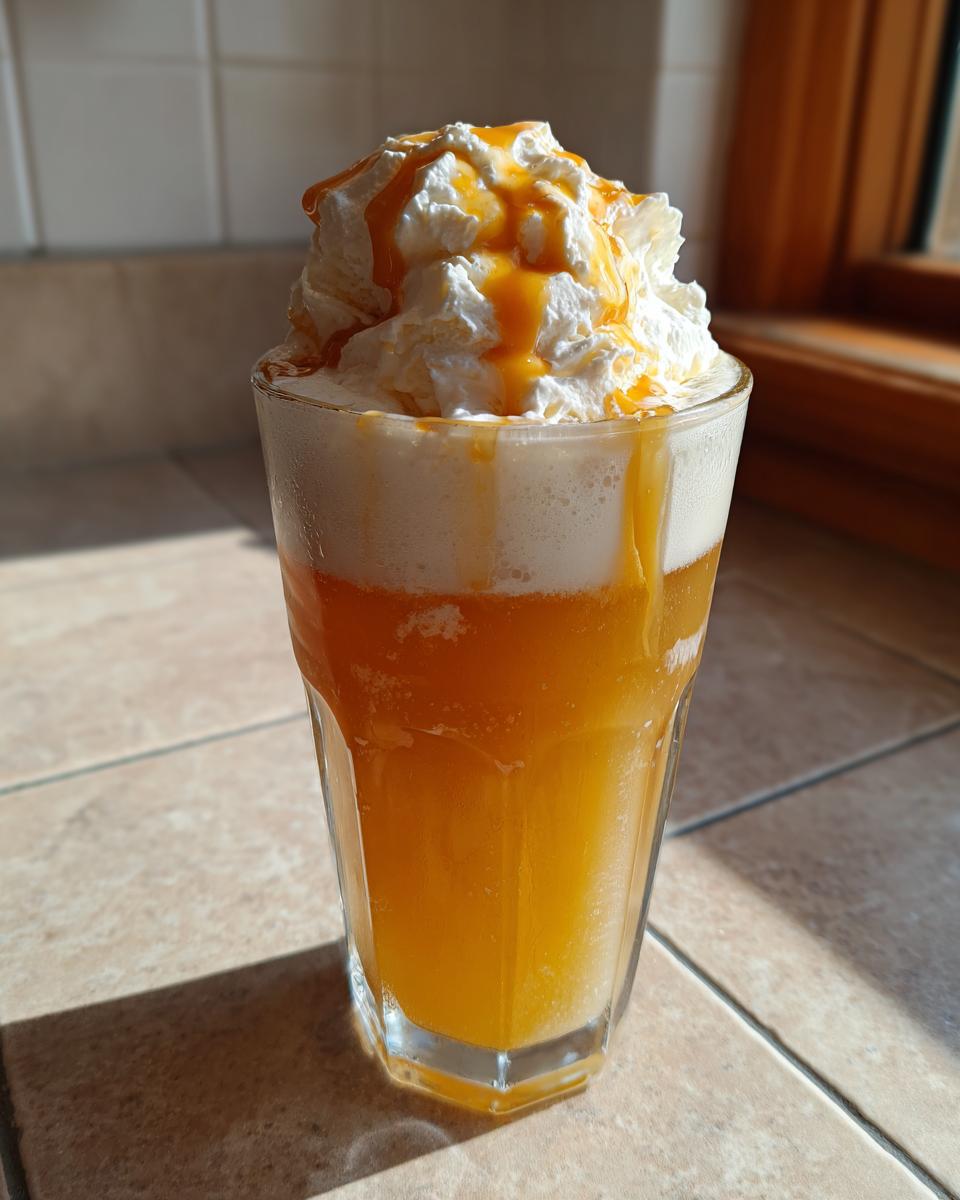 A refreshing Butterbeer float in a glass, topped with whipped cream and caramel drizzle.