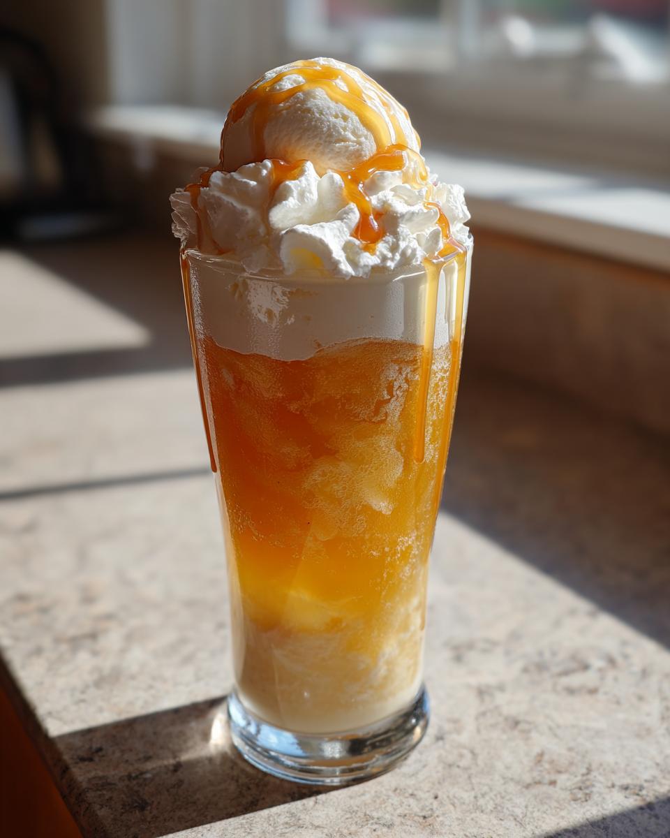 A tall glass of Butterbeer float, topped with whipped cream, a scoop of ice cream, and caramel drizzle.