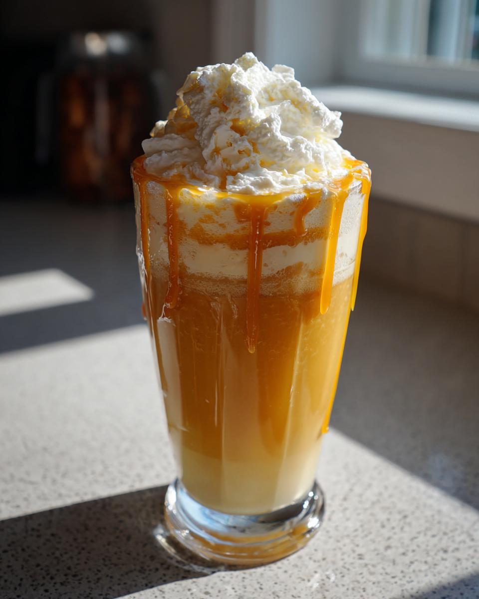 A tall glass of Butterbeer float topped with whipped cream and caramel drizzle, ready to enjoy.