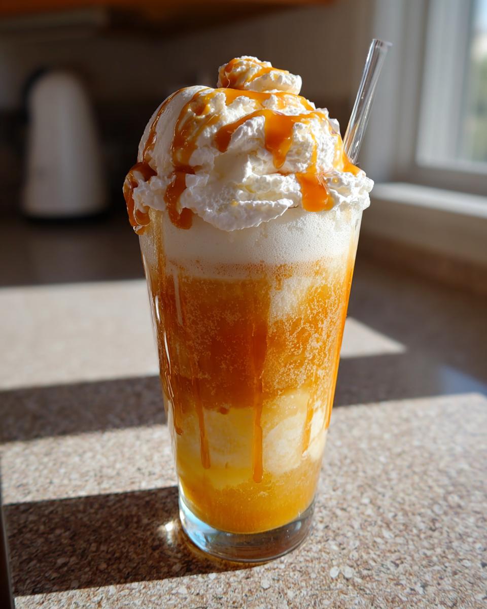 A tall glass of Butterbeer float topped with whipped cream and caramel drizzle, ready to enjoy.
