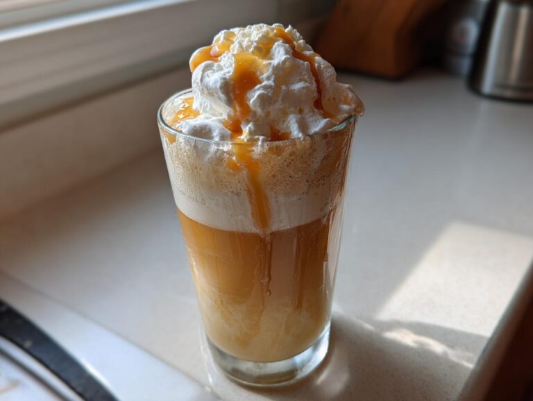 A tall glass of Butterbeer float topped with whipped cream and caramel drizzle, ready to enjoy.