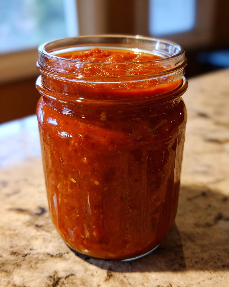 A full glass jar of homemade canned tomato sauce, ready for storage.