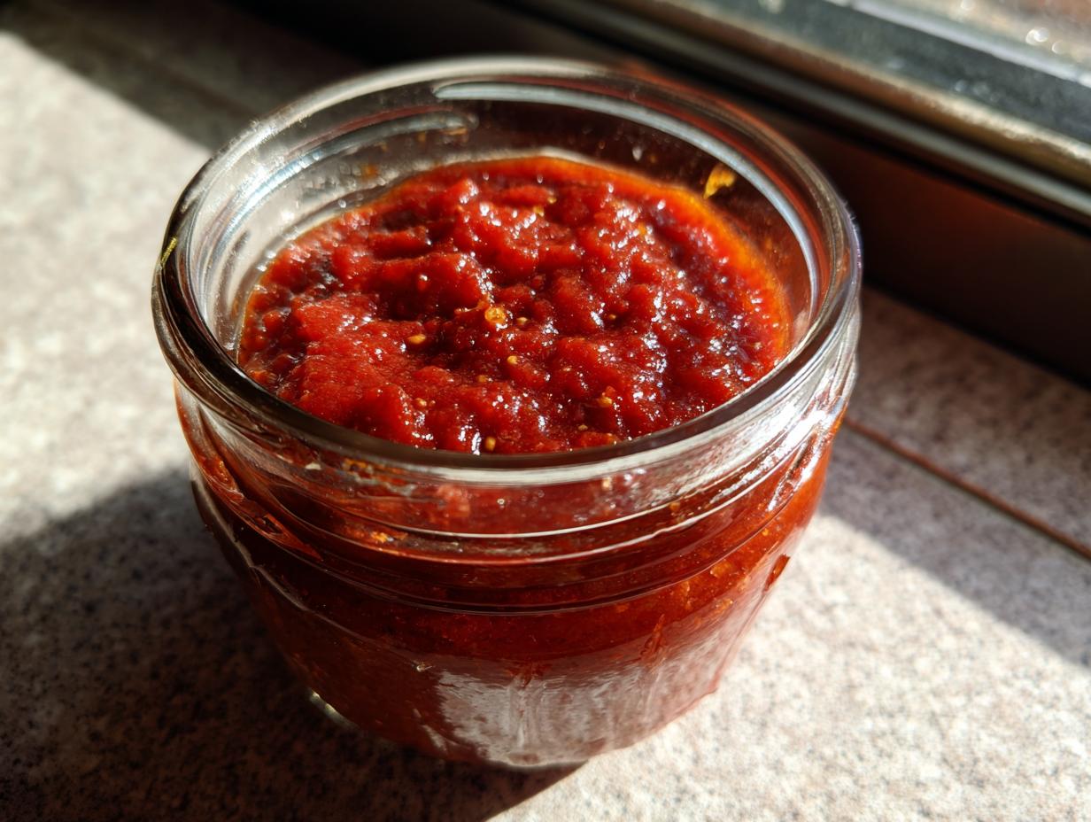Close-up of homemade canned tomato sauce in a glass jar, showing its rich texture and color.