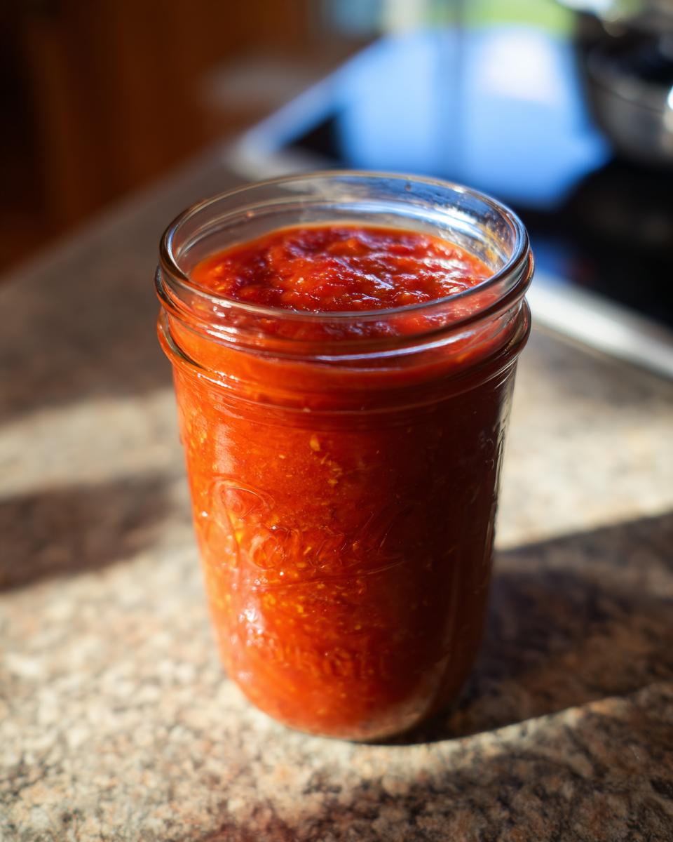 A glass jar filled with vibrant red canned tomato sauce, ready for home canning.