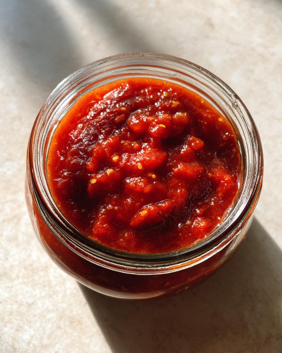 Overhead view of homemade canned tomato sauce in a clear glass jar, ready for home canning.